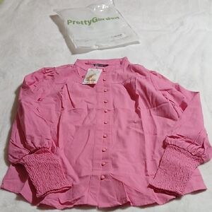 PrettyGarden Pink Smocked-Cuff Button Front Blouse
